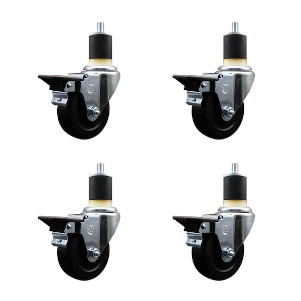 3.5'' Hard Rubber Swivel 1-7/8'' Expanding Stem Caster Set with Brake, 4PK